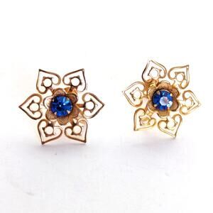 Vintage Estate Gold Tone Sunburst Flower Blue Rhinestone Screw Back Earrings